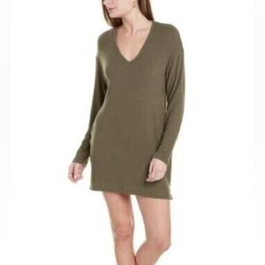 Socialite Women's V-Neck Dropped Shoulder Sweater Dress In Olive Small